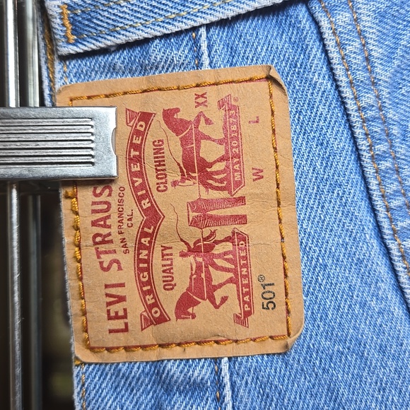 Levis 501 Cotton High Waisted Distressed Raw Hem Denim Shorts - Picture 7 of 10